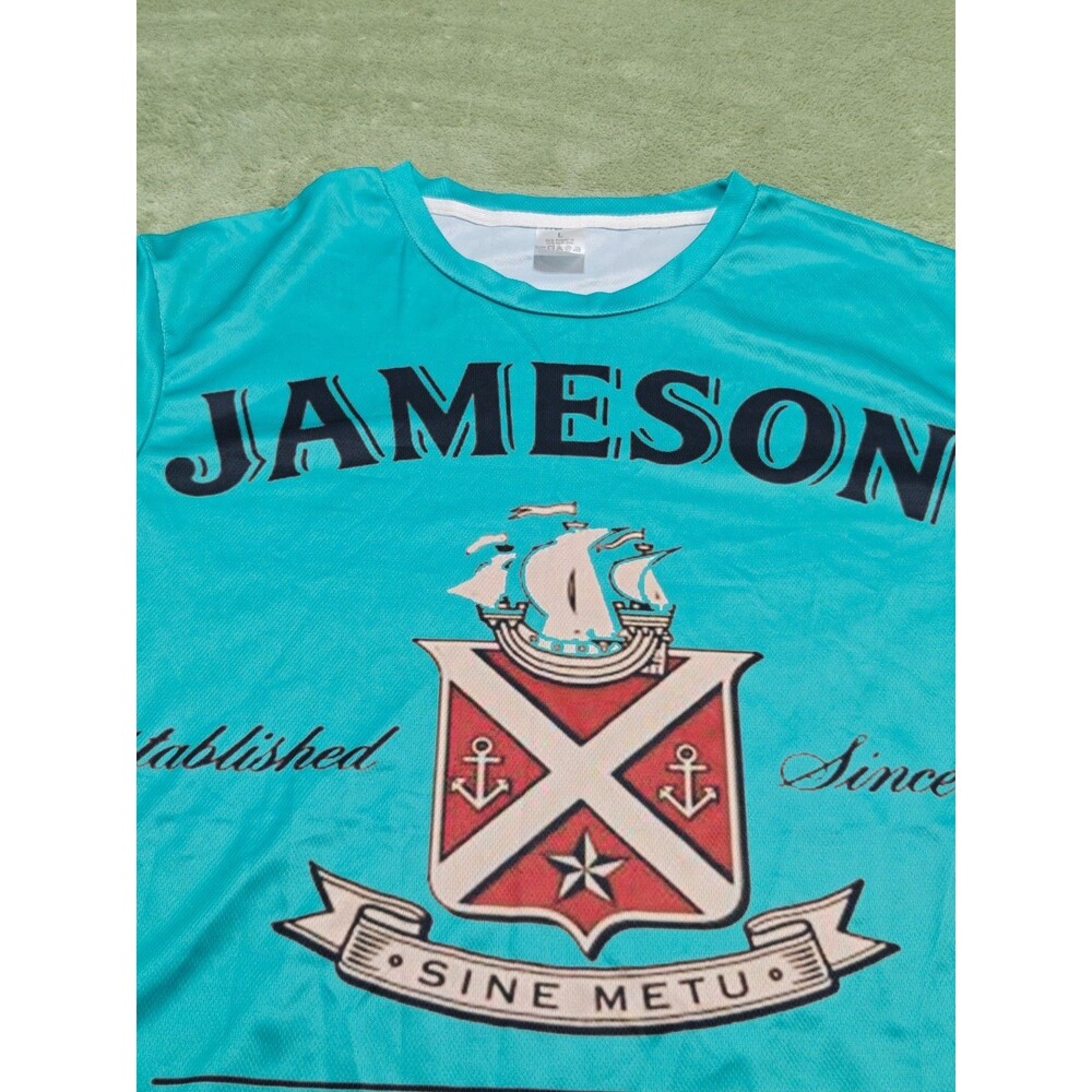 Jameson Irish Whiskey Shirt Mens L Blue Poly Spandex Short Sleeve Graphic Tee
